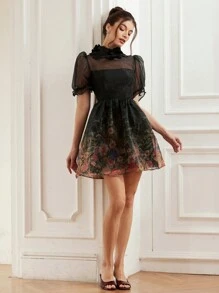 Aveloria Rosie Black Organza Romantic Daisy Floral Random Printed Sheer Short Sleeve Puff Sleeve Dress With 3D Flower Decoration For Women