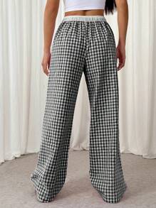 SHEIN Teen Girls' 2 In 1 Waistband Contrast Color Casual Versatile Woven Plaid Wide Leg Pants
