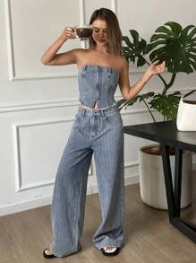 DAZY Conjunto de bralette ajustada y vaqueros de pierna recta estilo vaquero casual desgastado y lavado para mujer - Azul - Ver 1