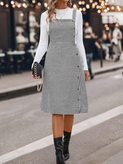 SHEIN LUNE Vestido retro de Navidad con diseño de pata de gallo, con botones, abertura alta y tirantes. Tela ED, vestido casual elegante de largo midi para mujer, ideal para otoño/invierno, Navidad y Acción de Gracias. Ropa de invierno elegante para mujeres.