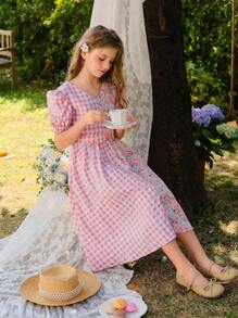 SHEIN Tween Girl Checkered Floral Print Cute Short Puff Sleeve Dress - Pink - View 3
