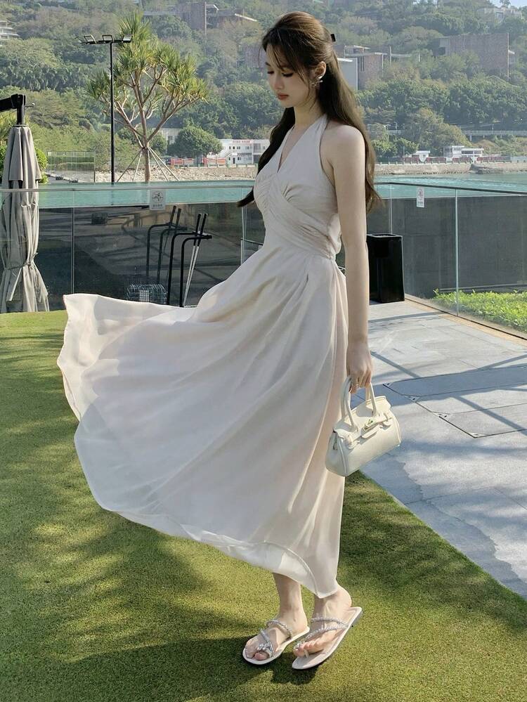 Women's Solid Color Midi Casual Dress, Minimalist Fashion For Everyday Wear Summer Sundress