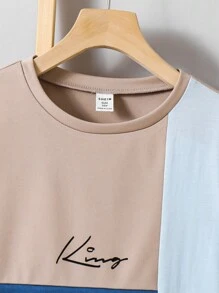 2pcs Tween Boy Casual Collegiate Comfortable & Fashion Minimalist Practical Soft Contrast Color Lettering Print Short Sleeve T-Shirt And Elastic Waist Shorts Set, Suitable For Autumn, Spring, Summer, Suitable For Daily Wear, Outdoor Play, Sports, School, Street Style, Party And Loungewear
