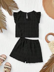 SHEIN 2pcs Baby Girl Ruffle Trim Black Top And Elastic Waist Shorts Set, Summer Mommy And Me Matching Outfits (2 Sets Sold Separately)