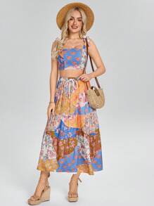 Wildy Boho Vacay Bohemian Western Wear Women Women 2pcs Set: Printed Slip Dress & Sleeveless Skirt, Resort Wear