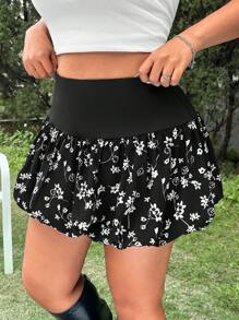 SHEIN EZwear Falda línea A con estampado floral salpicado de tallas grandes, informal para primavera/verano - Negro - Ver 6