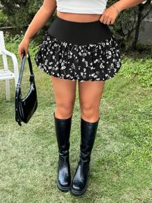 SHEIN EZwear Falda línea A con estampado floral salpicado de tallas grandes, informal para primavera/verano - Negro - Ver 5