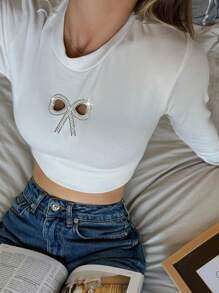 SHEIN EZwear Damska jednokolorowa dzianinowa koszulka z okrągłym dekoltem, kokardą i długim rękawem, casualowa, na wiosnę i lato