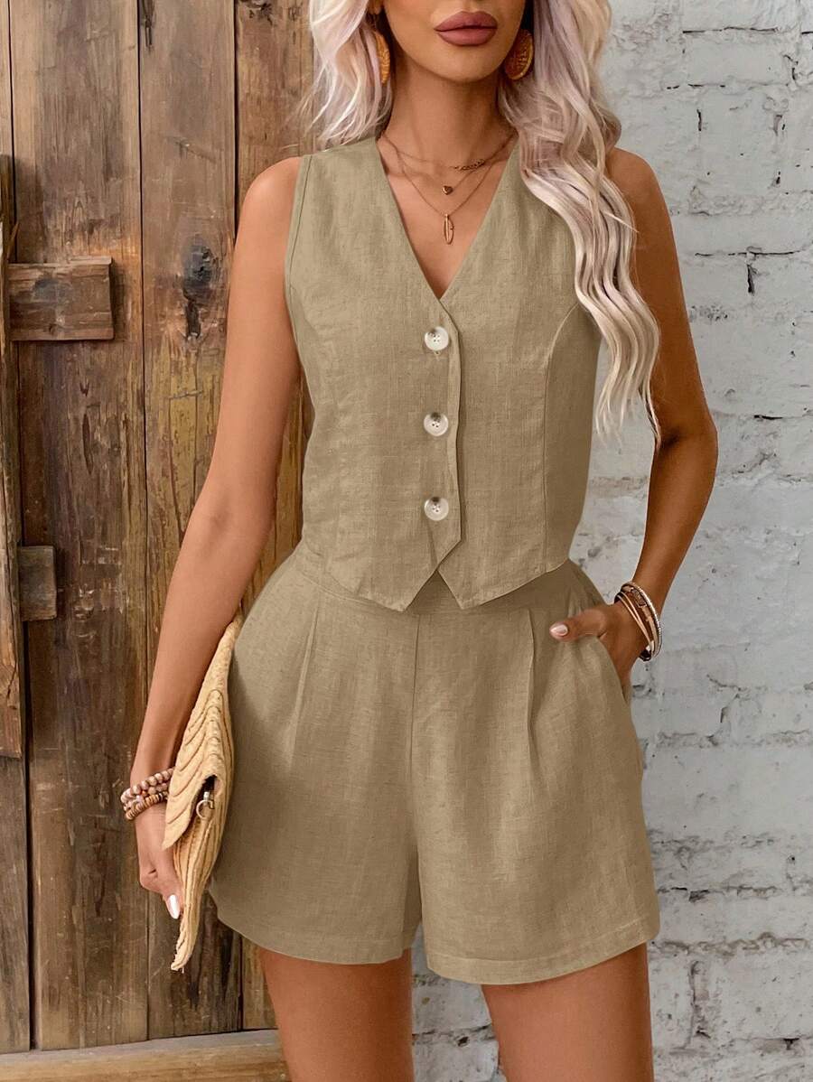 SHEIN Frenchy Women's Sleeveless Front Button Basic Waistcoat And Shorts Suit Set In Fall/Winter Casual - Ginger - View 1