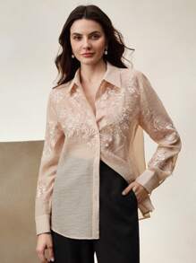 Anewsta Blouse chiffon polyvalente de couleur nude élégante et Top de gamme avec broderie de dentelle jacquard de printemps - Vieux Rose - Voir 7