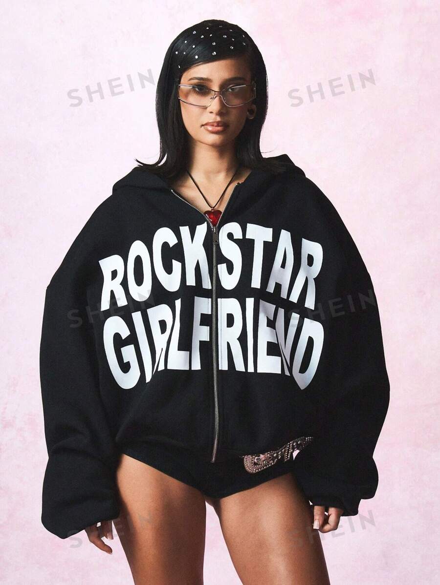 SUMWON WOMEN Sudadera con capucha corta con cremallera completa de novia de rockstar, prenda de calle de estética Y2K, declaración de moda con capucha adornada con rhinestones, de talla holgada, para otoño e invierno