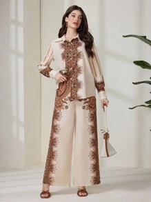 Seusyu Set de 2 piezas de camisa de manga larga y pantalones casuales minimalistas para mujer, atuendo de uso diario