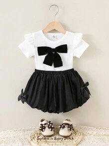 Cozy Pixies 2pcs Baby Girl Black And White Summer Cute Birthday Outfit,Retro Elegant Big Bow Round Neck Cap Sleeve Top And Elastic Waist Decor Shorts Set - Multicolor - View 1