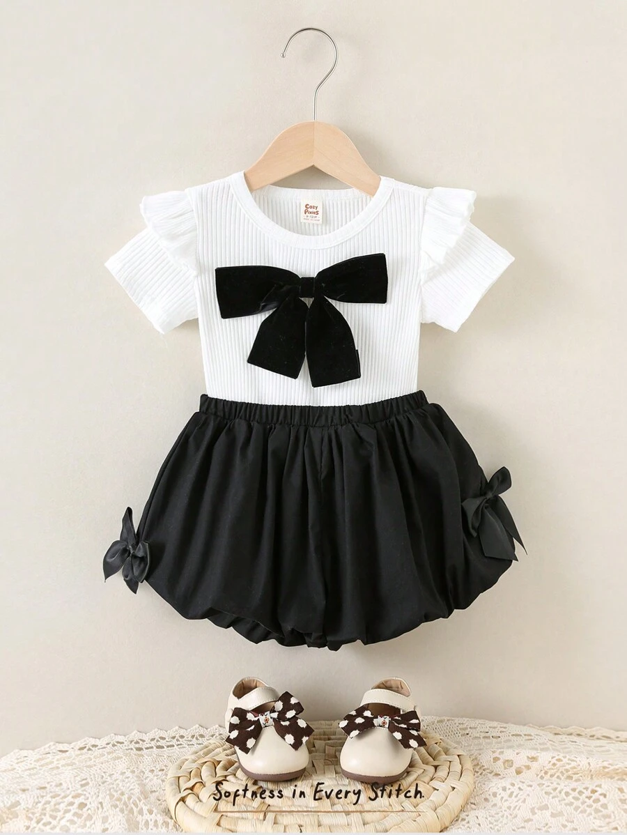 Cozy Pixies 2pcs Baby Girl Black And White Summer Cute Birthday Outfit,Retro Elegant Big Bow Round Neck Cap Sleeve Top And Elastic Waist Decor Shorts Set - Multicolor - View 1