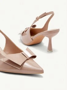 CUCCOO CHICEST Bombas de tacón alto con punta elegante y lazo dulce para mujer, zapatos de vestir de brillo color albaricoque para citas, fiestas del té, ocasiones románticas, San Valentín, ir al trabajo