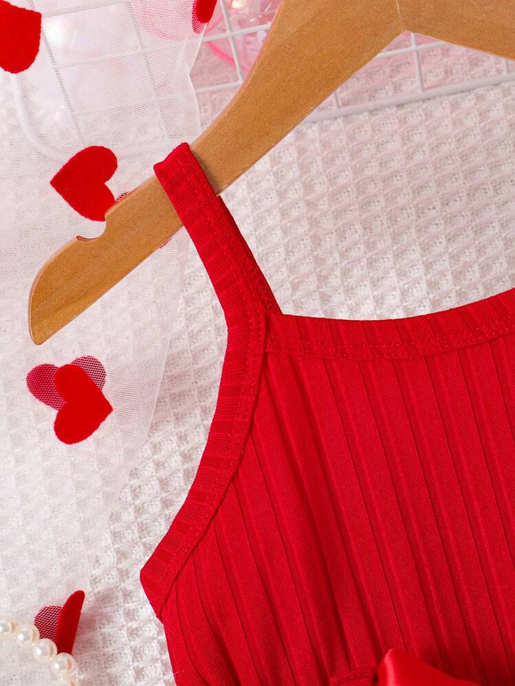 Elladie kids فستان صيفي للبنات الرضع مزين بنقشة قلوب ذو طبقات مفرغة بتصميم لطيف وحلو للموضة الصيفية - الأحمر - مشاهدة 3