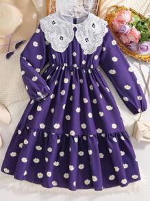 1 件 Tween Girl 蕾丝彼得潘领雏菊花卉印花长袖休闲度假连衣裙，春夏 - 彩色 - 查看 1