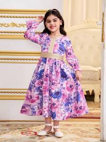 SHEIN DRMZ Young Girl's Spring/Summer Matching Family Vacation, Vintage Rose Ditsy Floral Mixed Print Long Sleeve A-Line Dress, With Golden Woven, Matching Family Vacation Casual Long Sleeve National Ditsy Floral Print Dress, Mom And Daughter & Sisters Matching.