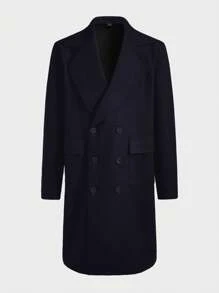 Manfinity Mode Men's Plus Size Solid Color Double-Breasted Woolen Coat, Casual Autumn/Winter