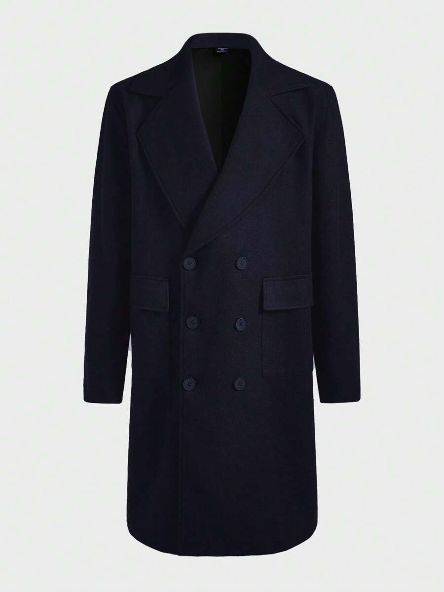 Manfinity Mode Men's Plus Size Solid Color Double-Breasted Woolen Coat, Casual Autumn/Winter