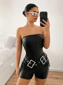 SHEIN ICON Mono con adorno metálico en la cintura - Negro - Ver 4