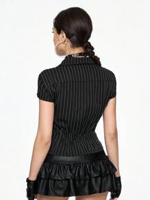 ROMWE Grunge Punk Women's Striped Fitted Short Sleeve Single-Breasted Cinched Waist Shirt,Summer , Summer Outfits ,Summer Clothes,Summer Outfits For Women
