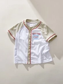 SHEIN Boys' Blue Floral Print Contrasting Raglan Sleeve Open Front Shirt, Sporty Style, Spring, Outdoor - Khaki - View 1