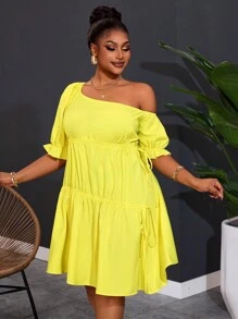 Slaydiva 大码女式轻盈喇叭 A 字形连衣裙，休闲清新 - 黃色 - 查看 5