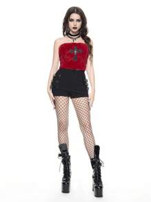 ROMWE Goth Spring Break Concert Festival Party Outfit Women, Rave Outfits, Plush PU Embroidered Cross Pendant Strapless Sexy Color Contrast Crop Top