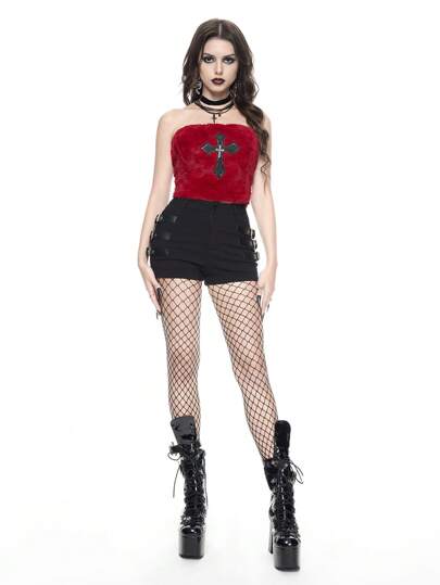 Goth Spring Break Concert Festival Party Women, Rave, Plush PU Embroidered Cross Pendant Strapless Sexy Color Contrast Crop Top