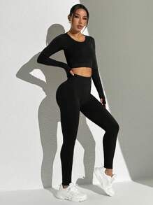 Easithlete 女士纯色交叉后背长袖上衣和裤子，简约休闲，适合日常穿着，健身女士套装 - 黑色 - 查看 5