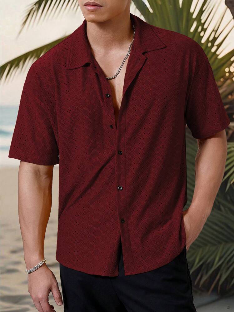 Manfinity Homme Men's Vacation Casual Style, INS Matched With A Knitted Black And White Geometric Striped Crochet Textured Jacquard Loose Short-Sleeve Shirt. Featuring A Button Placket, This Shirt Embodies French Elegance And Romance, Making It Perfect For Hawaiian Beach Vacations, As Well As Music Festivals And Everyday Wear. It Also Serves As An Ideal Gift For Boyfriends Or Husbands. Men's Striped Short Sleeve Single-Breasted Casual Commuter Shirt, Cool Shirts For Men, Nice Shirts For Men, Men's Fashion Shirts - Burgundy - View 2