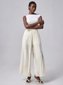 Chiquease 雪纺透明宽松阔腿裤裙，高腰褶皱阔腿裤，需熨烫，新款优雅造型 - 杏色 - 查看 5