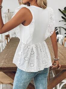 SHEIN LUNE Women's V-Neck Embroidered Cap Sleeve Casual Tank Top - White - View 2