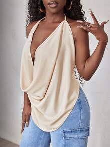 BamGleam Women's V-Neck Halter Design Fashionable Versatile Camisole - Apricot - View 4