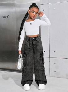 SHEIN 少女Y2K春夏纯色水洗高腰翻盖口袋宽松直筒工装牛仔裤，返校街头风，海滩波西米亚风音乐会阔腿裤，锐舞节，毕业典礼