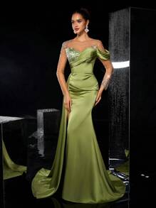 Glamrae 优雅薄荷绿亮面缎面透视长袖花朵贴花高领奢华水钻美人鱼侧高开衩垂坠尾长款晚礼服、婚礼宾客礼服、派对礼服、正式礼服 - 綠色 - 查看 7