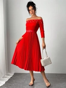 Chiquease 红色露肩泡泡袖珠饰腰部褶皱连衣裙 - 紅色 - 查看 3