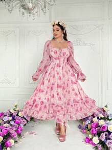 Flirla Plus Size Romantic Floral All-Over Print Long Sleeve Knotted Front Dress,Valentine - Pink - View 5