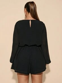 SHEIN BAE 大码女式优雅甜美派对连体衣，黑色重叠深 V 领松紧腰宽松长袖，适合狂欢节、海滩、度假、返校、通勤、时尚、日常穿着、约会、派对