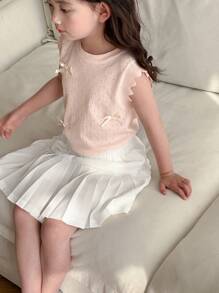 DAZY Young Girl Bow Decor Round Neck Cap Sleeve Sweater & Pleated Skirt 2 Pieces Set,Girls Summer Outfits - Pink - View 6