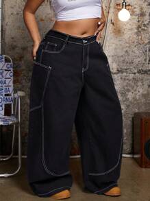 SHEIN ICON 大码女式喇叭腿休闲牛仔裤，带外露缝线 - 黑色 - 查看 5