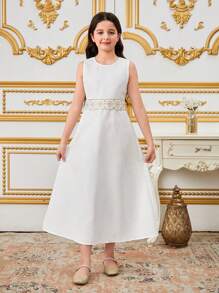 Tween Girls Metallic Edge Pattern Stand Collar Jacket & White Dress With Metallic Edge Belt, 2 Pieces Set - White - View 3