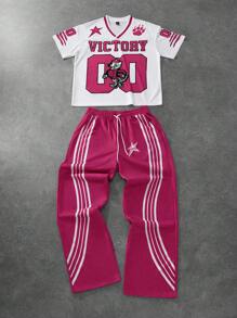 PAVTROS Manfinity Streetrush Men Short Sleeve Letter Print Simple T-Shirt And Pants Set, Men Tracksuit, Men Two Pieces Outfits, Men Clothes, Boyfriend Gift - Multicolor - View 1