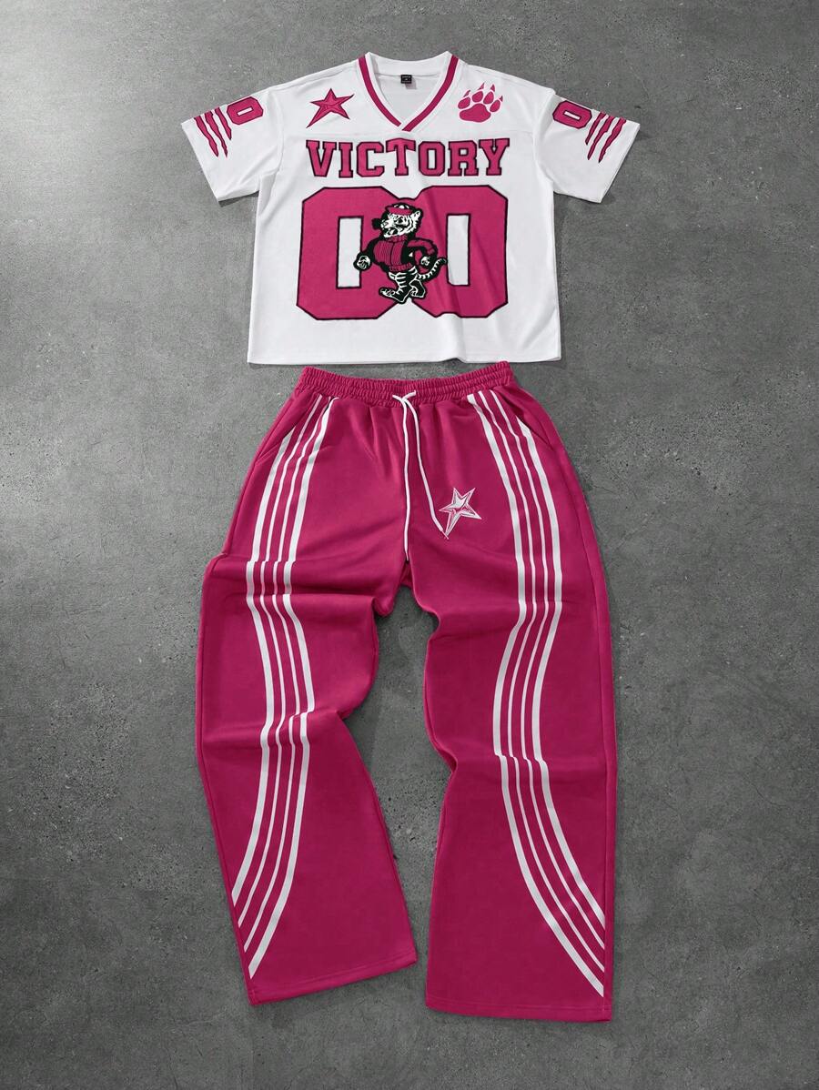 PAVTROS Manfinity Streetrush Men Short Sleeve Letter Print Simple T-Shirt And Pants Set, Men Tracksuit, Men Two Pieces Outfits, Men Clothes, Boyfriend Gift - Multicolor - View 1