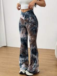 SHEIN EZwear 大码扎染弹力舒适紧身喇叭裤，夏季 - 彩色 - 查看 5