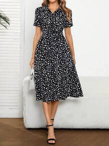 EMERY ROSE Women's Casual Commuter All-Over Print Short Sleeve Mid-Length Dress - Black - View 1