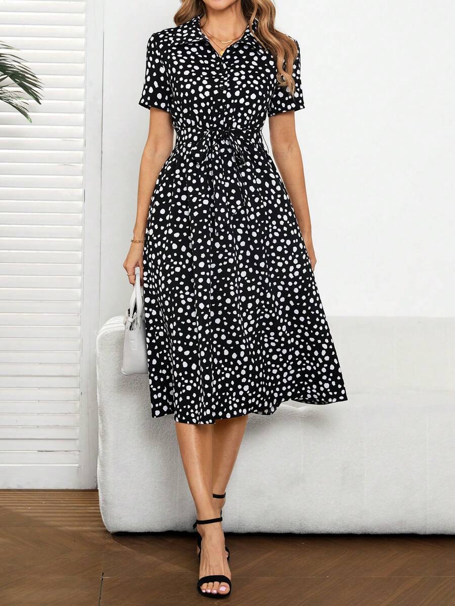 EMERY ROSE Women's Casual Commuter All-Over Print Short Sleeve Mid-Length Dress - Black - View 1