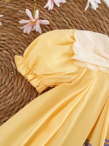 Cozy Pixies 女婴碎花图案圆领泡泡袖休闲百搭连衣裙 - 黃色 - 查看 6