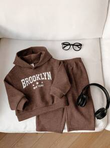SHEIN Set de 2 piezas con sudadera con capucha y estampado de copos de nieve + pantalón de chándal de cintura elástica de unicolor, adecuado para niño/niña, fiestas de cumpleaños, baby shower, adecuado para otoño/invierno interior y exterior